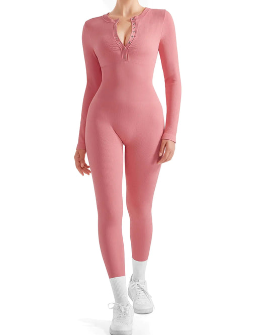 Women Long Sleeve Ribbed Workout Jumpsuit Seamless One Piece